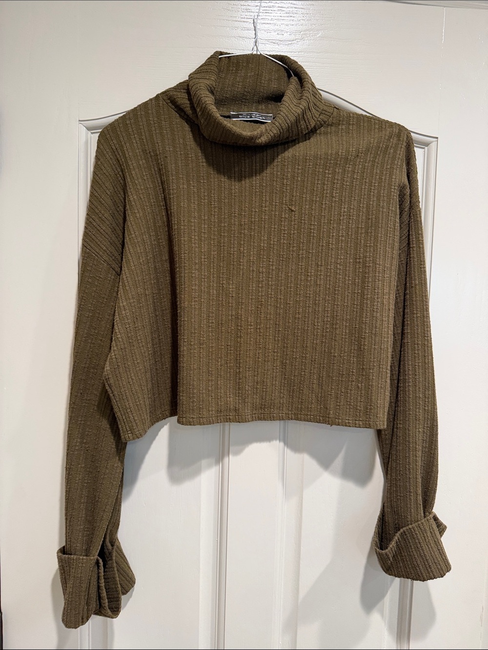 Blue Blush Ribbed Knit Cropped Turtleneck in Brown